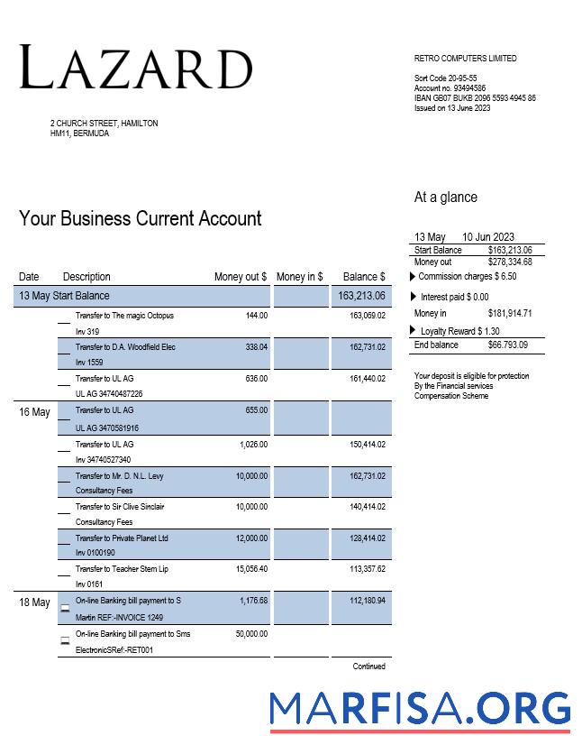 Blank Lazard Bank business statement Word and PDF template